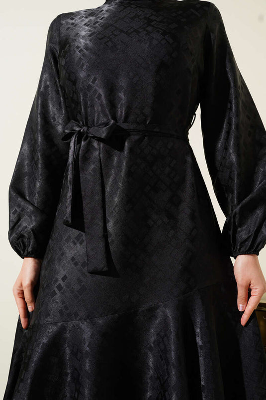 Patterned Ruffle Flounce Jacquard Dress Black