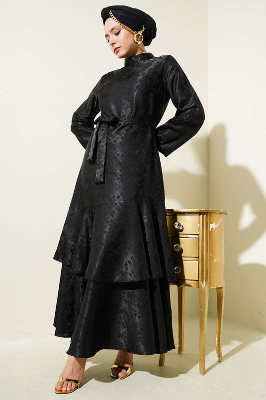 Patterned Ruffle Flounce Jacquard Dress Black