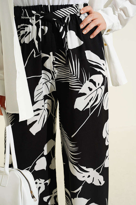 Pantalon à jambes larges élastiqué à motif noir à motifs