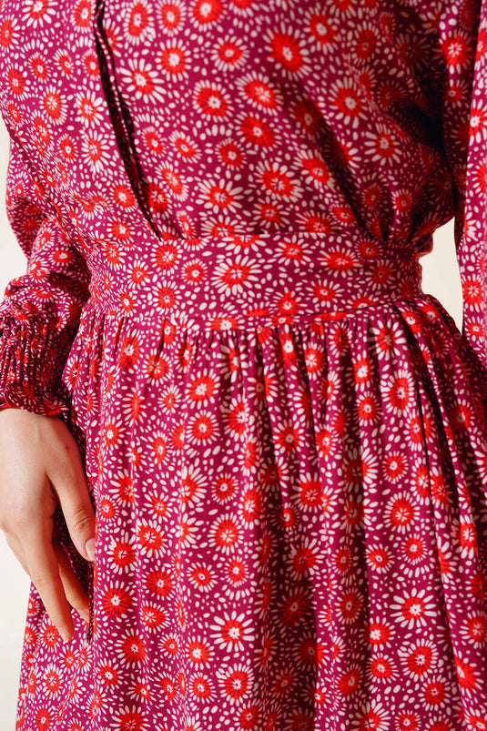 Patterned Hidden Button Dress Plum