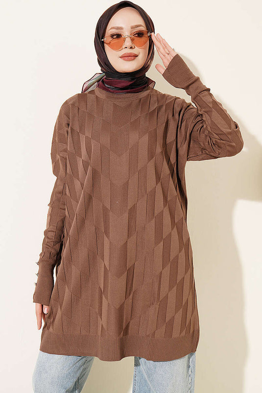 Tunique Mercerisée À Boutons Ornée De Motifs En Marron