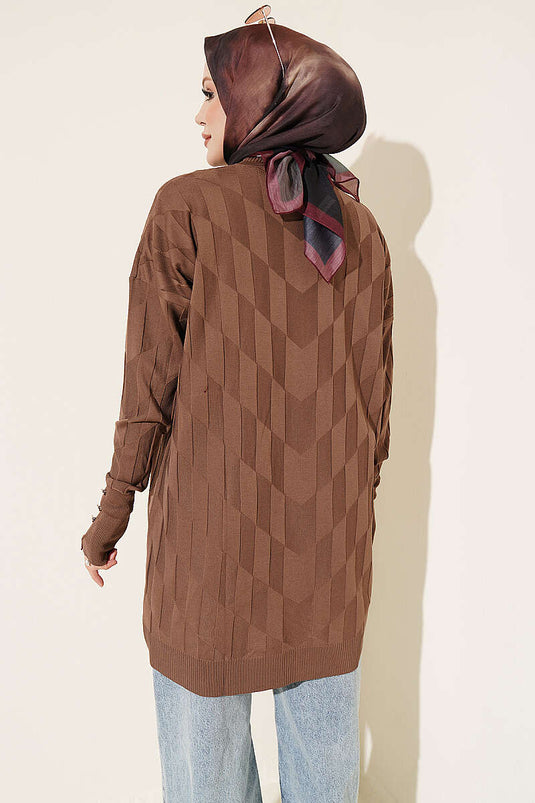 Tunique Mercerisée À Boutons Ornée De Motifs En Marron