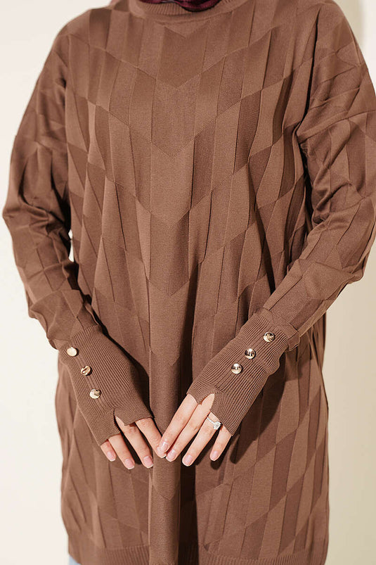 Tunique Mercerisée À Boutons Ornée De Motifs En Marron