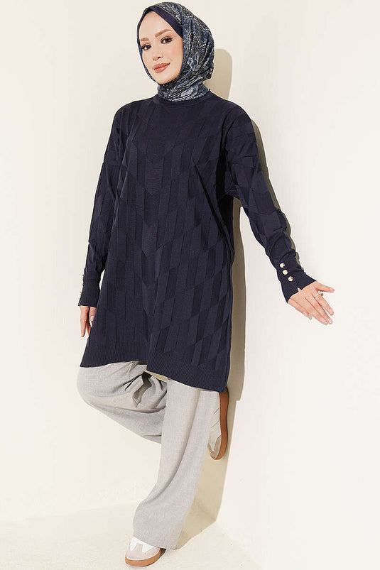 Gepatternte Goud Knop Tunik Marine