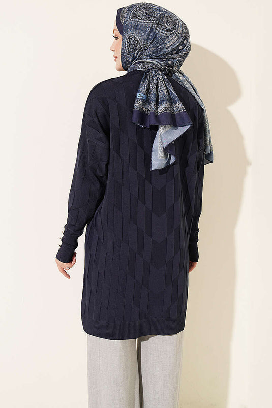 Gepatternte Goud Knop Tunik Marine