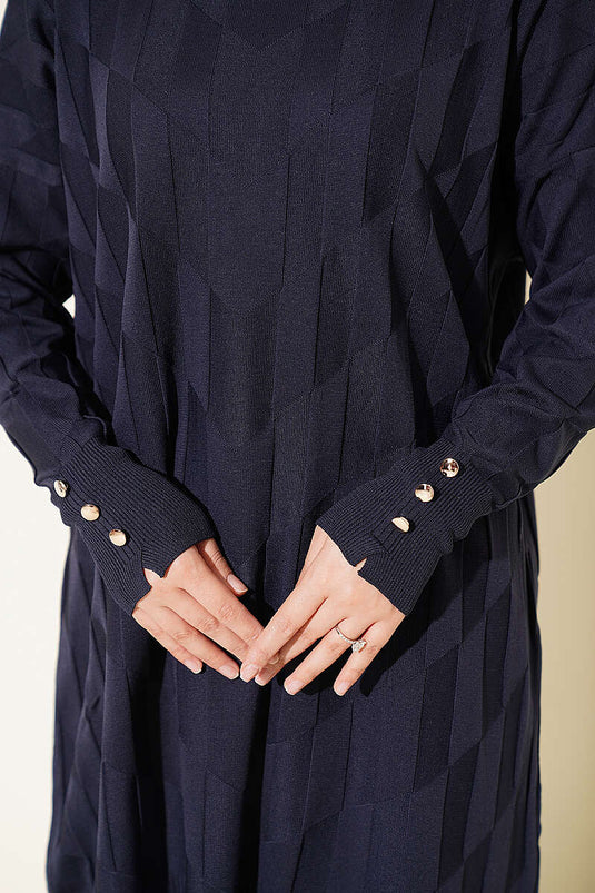 Gepatternte Goud Knop Tunik Marine