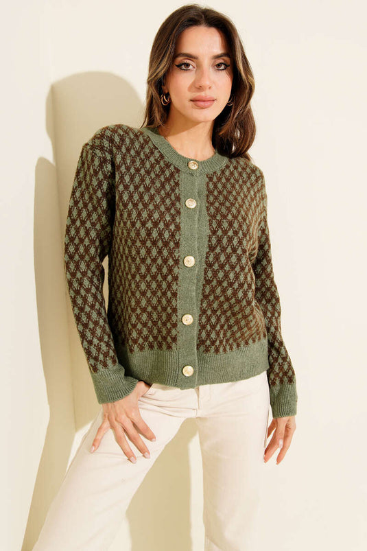Patterned Gold Buttoned Knit Cardigan In Mint Green