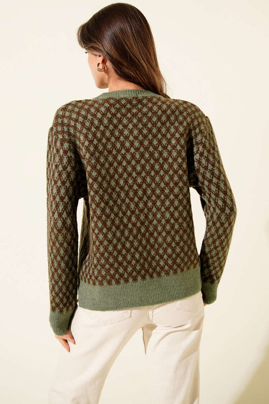 Patterned Gold Buttoned Knit Cardigan In Mint Green