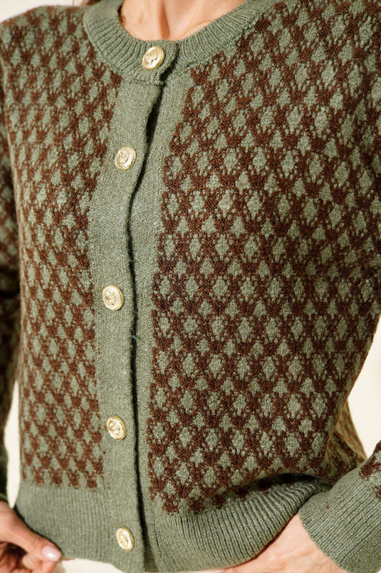 Patterned Gold Buttoned Knit Cardigan In Mint Green
