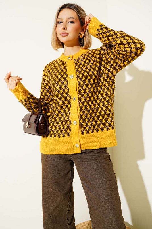Patterned Gold Buttoned Knitted Cardigan Yellow