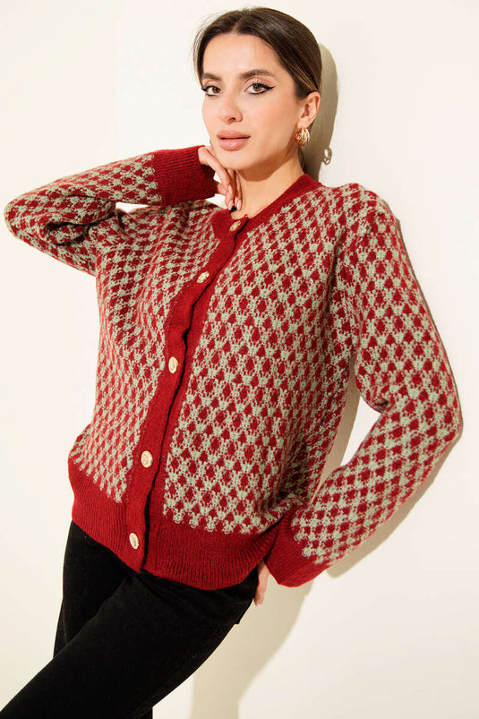 Patterned Gold Buttoned Knitted Cardigan Green