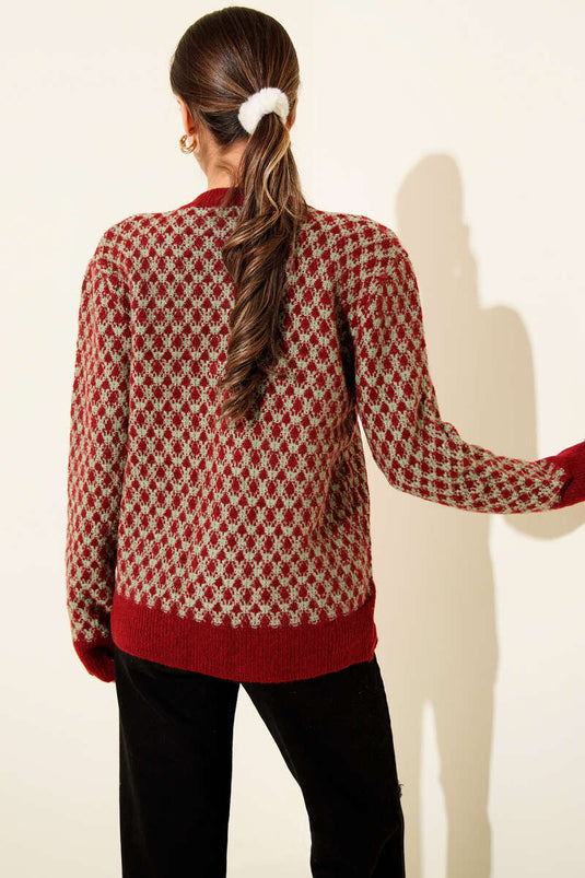 Patterned Gold Buttoned Knitted Cardigan Green