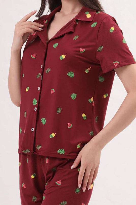 Patterned Shirt Collar Shorts Pajama Set, Burgundy