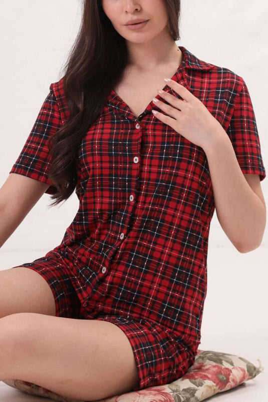 Patterned Shirt Collar Shorts Pajama Set Red
