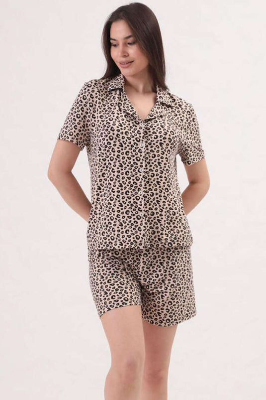 Patterned Shirt Collar Shorts Pajama Set Latte