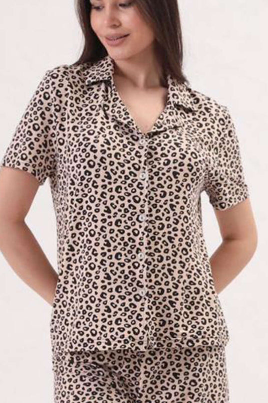 Patterned Shirt Collar Shorts Pajama Set Latte