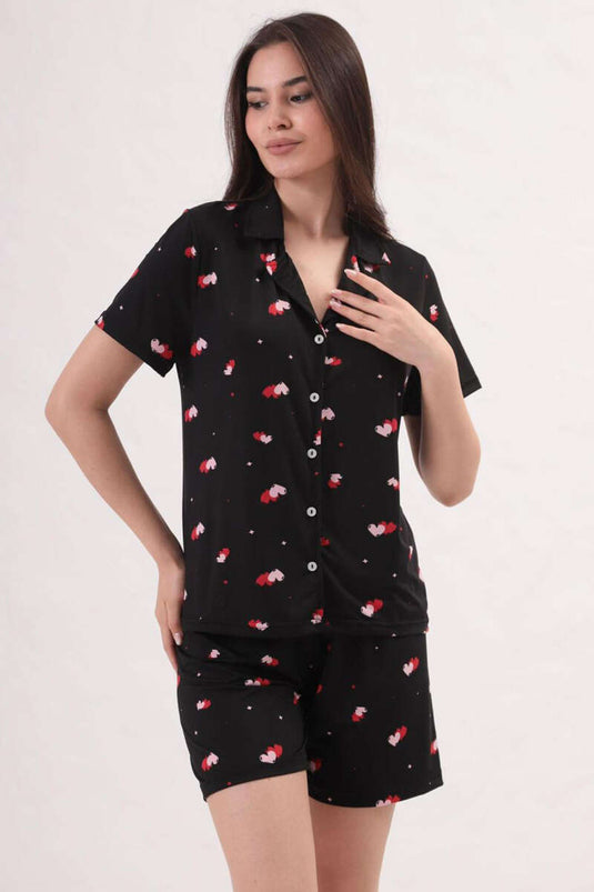 Ensemble pyjama chemise à motifs, short et chemise à col, noir et rose poudré