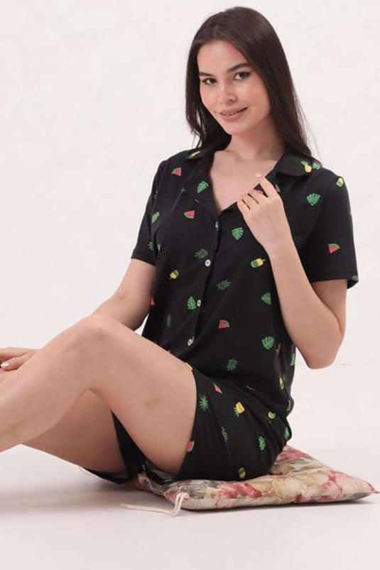 Patterned Shirt Collar Shorts Pajama Set Black Green