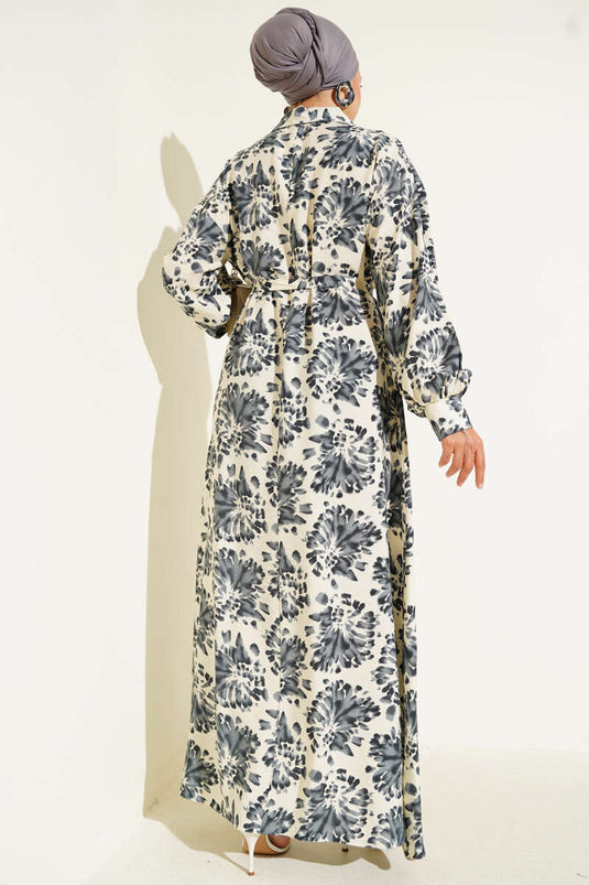 Patterned Shirt Collar Stone Button Dress Smoke Gray