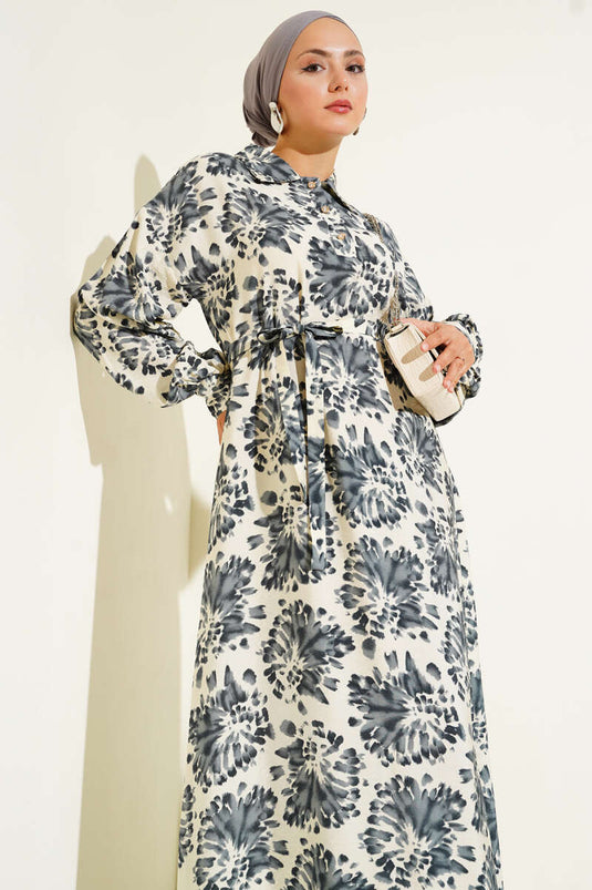 Patterned Shirt Collar Stone Button Dress Smoke Gray