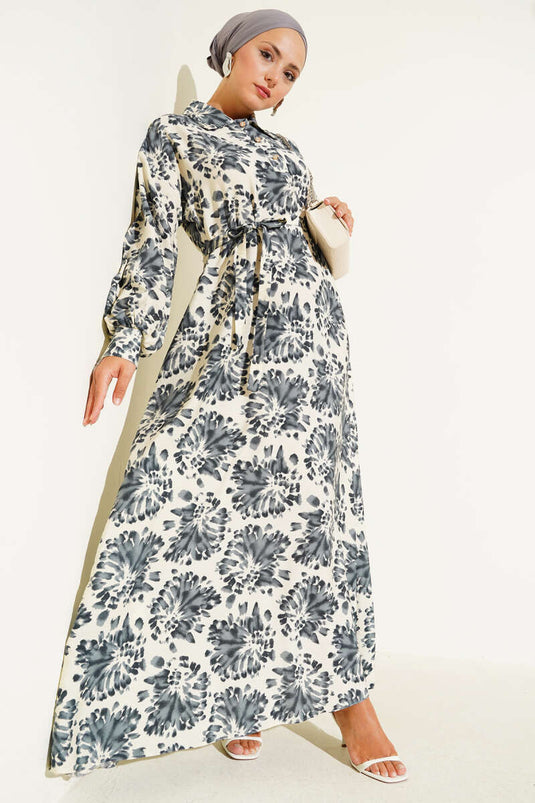 Patterned Shirt Collar Stone Button Dress Smoke Gray