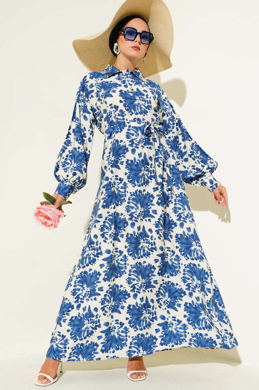 Patterned Shirt Collar Stone Buttoned Dress Indigo