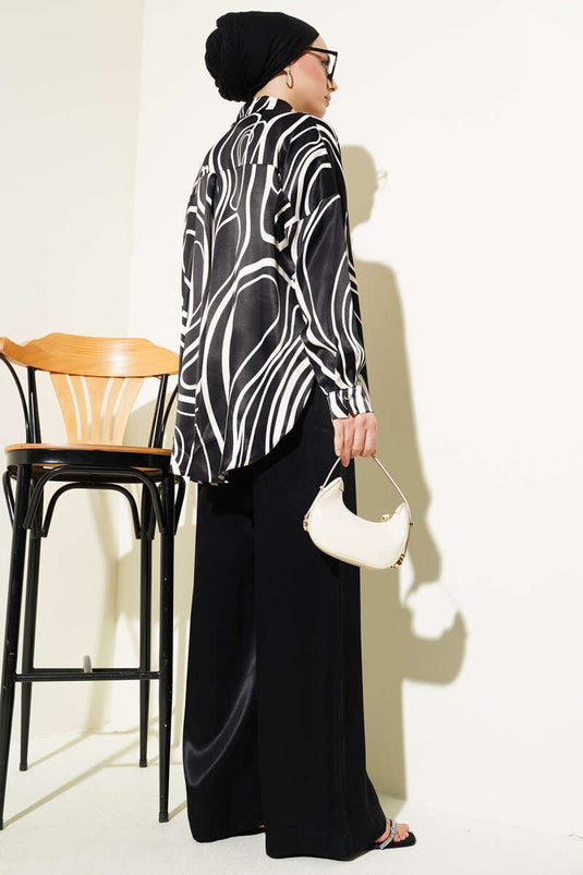 Patterned Shirt Casual Satin Two Piece Suit Black