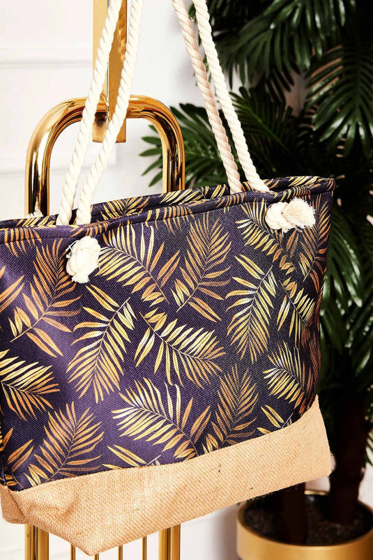 Gemusterte Strandtasche aus Stroh mit Details -128