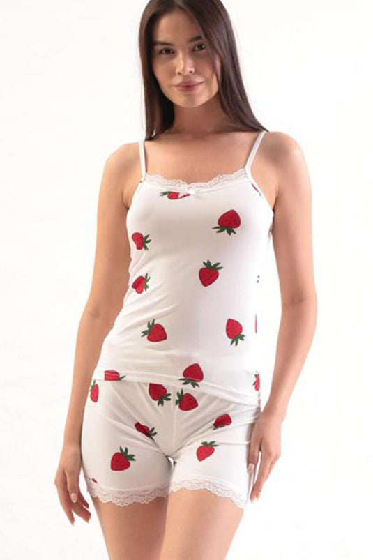 Strawberry Patterned Strawberry Strap Shorts Pajama Set