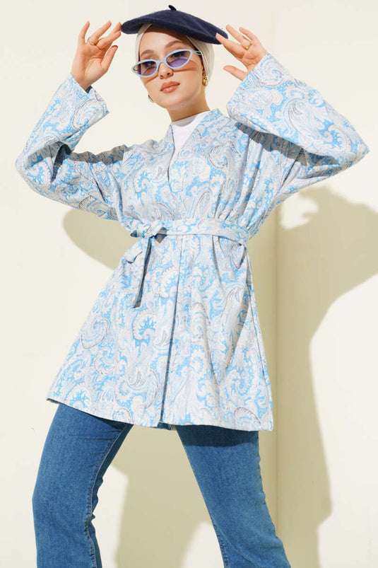 Patterned Rope Tied Kimono Blue