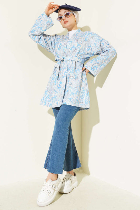 Patterned Rope Tied Kimono Blue