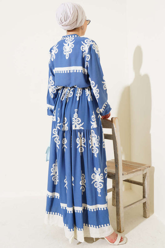 Desenli İp Kuşaklı Düğmeli Viskon Elbise İndigo