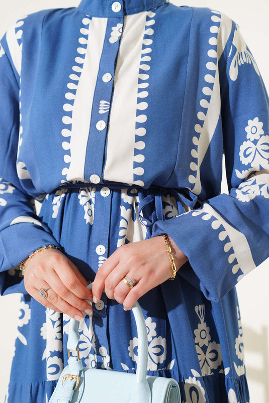 Desenli İp Kuşaklı Düğmeli Viskon Elbise İndigo