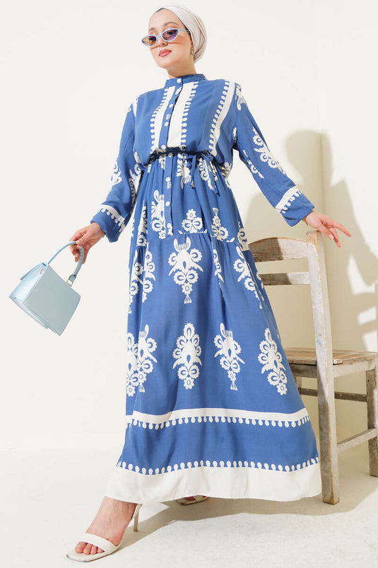 Desenli İp Kuşaklı Düğmeli Viskon Elbise İndigo