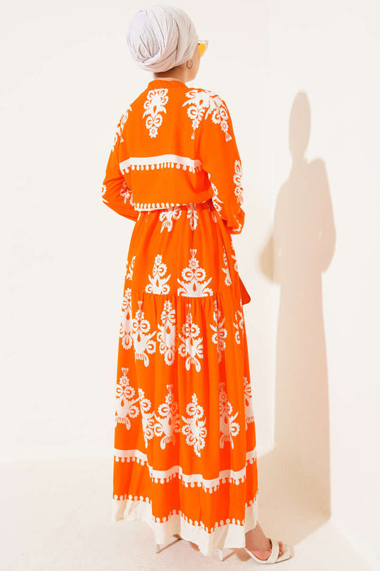 Patterned Rope Belted Buttoned Viscose Dress Orange