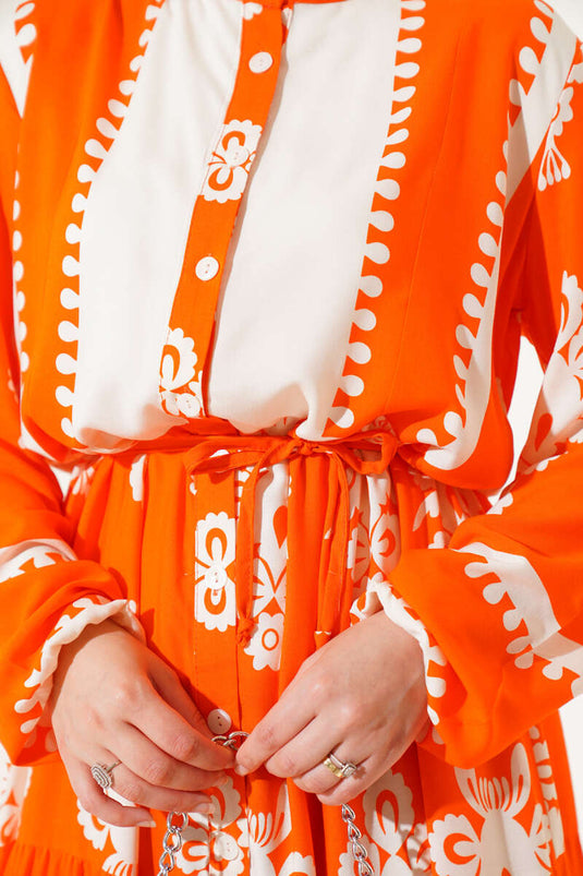 Patterned Rope Belted Buttoned Viscose Dress Orange
