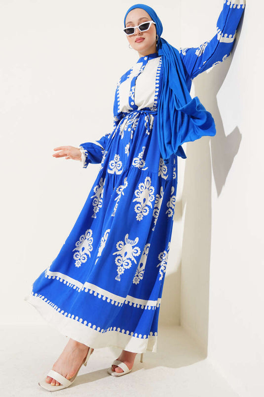 Robe boutonnée en viscose à motifs et ceinture en corde, couleur Saxe