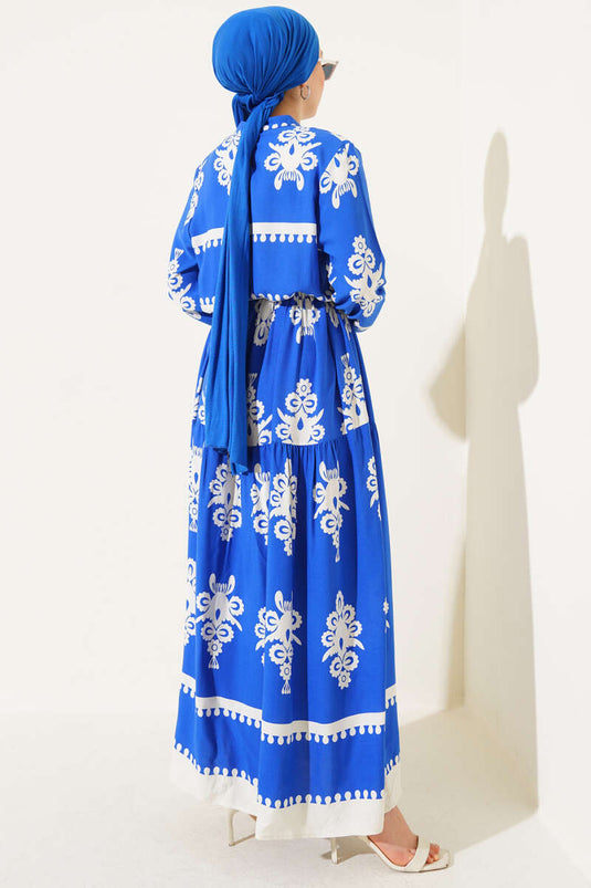 Robe boutonnée en viscose à motifs et ceinture en corde, couleur Saxe