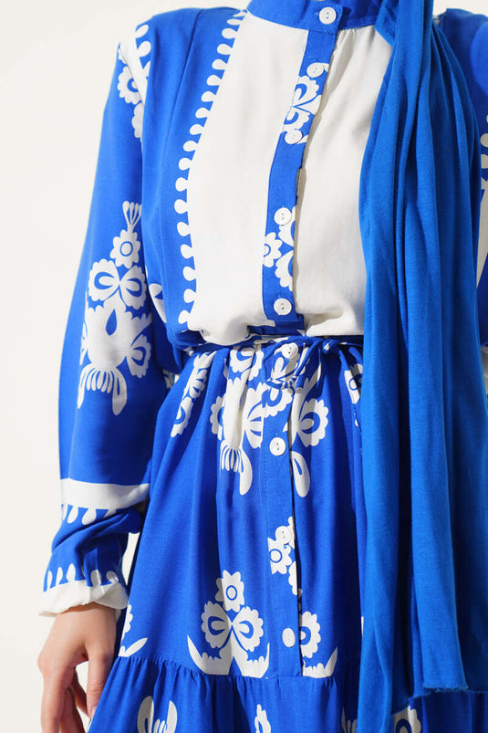 Robe boutonnée en viscose à motifs et ceinture en corde, couleur Saxe