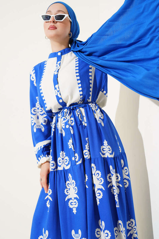 Robe boutonnée en viscose à motifs et ceinture en corde, couleur Saxe
