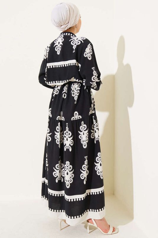 Patterned Rope Belted Buttoned Viscose Dress Black