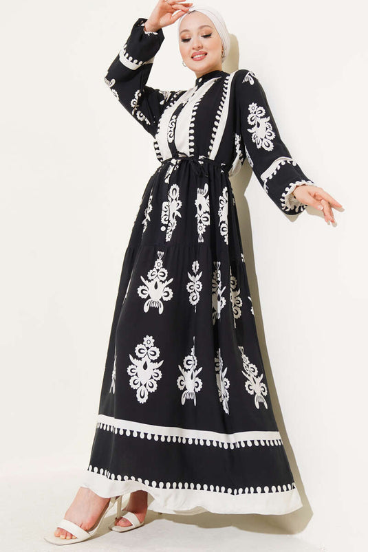 Patterned Rope Belted Buttoned Viscose Dress Black