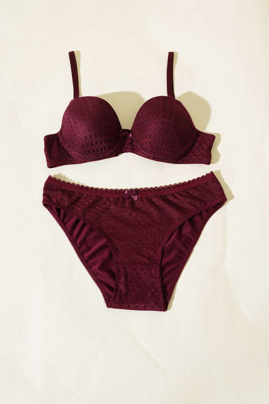 Ensemble soutien-gorge et brassière prune en jacquard à motifs sans rembourrage