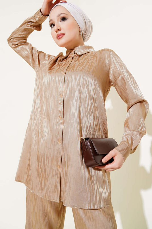 طقم تونيك جاكار منقوش مكون من قطعتين باللون البيج