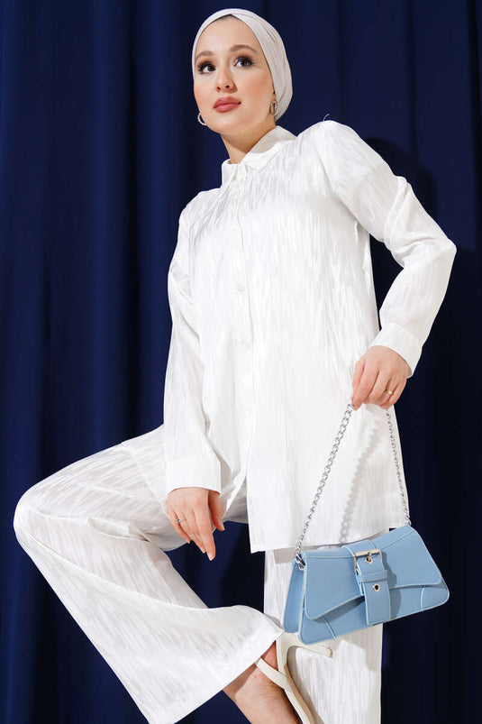 طقم تونيك جاكار منقوش مكون من قطعتين باللون الأبيض