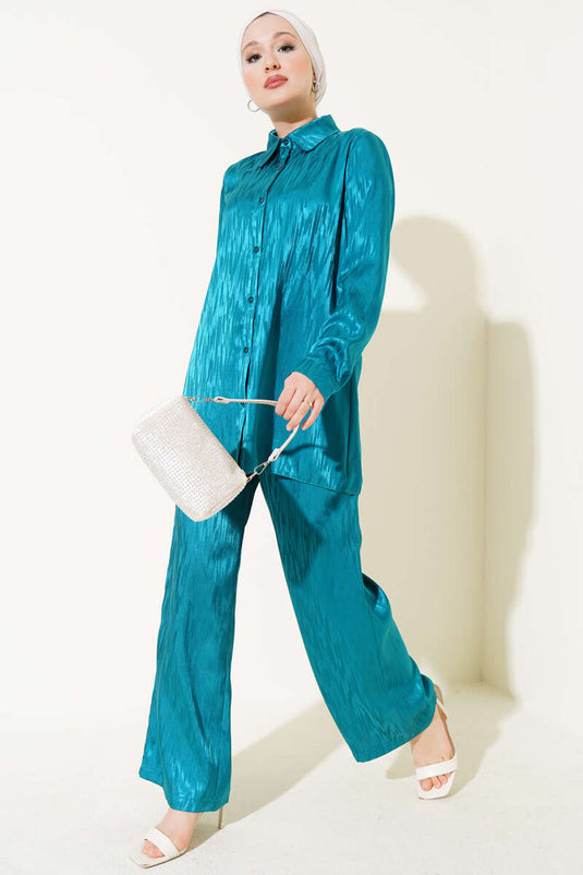 Gemustertes Jacquard-Tunika-Zweiteiler-Set Petrol