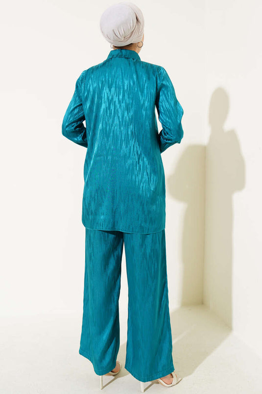 Gemustertes Jacquard-Tunika-Zweiteiler-Set Petrol