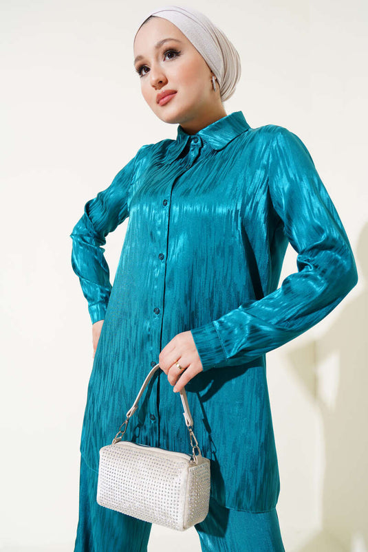 Gemustertes Jacquard-Tunika-Zweiteiler-Set Petrol