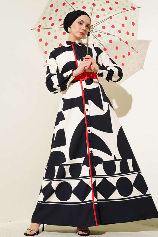 Desenli Kemer Detaylı Elbise Siyah