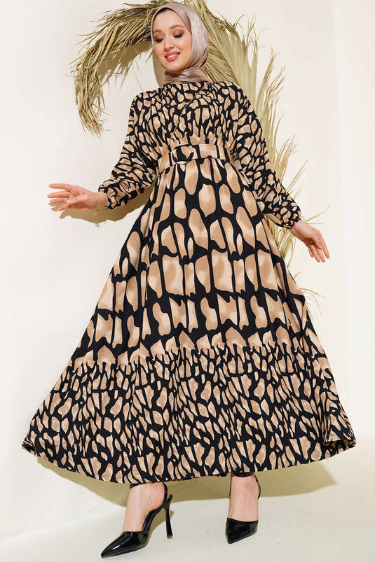 Patterned Belted Crunchy Dress Beige